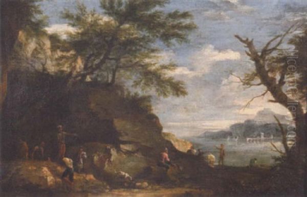 A Rocky Wooded Landscape With Figures On An Outcrop, A View To A Lake Beyond - view 1