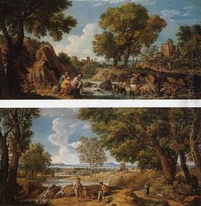 A Classical Landscape With A Washerwomen And A Goat-herder By A River by Andrea Locatelli