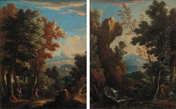 A Wooded Landscape With Peasants Resting By A Waterfall - view 1