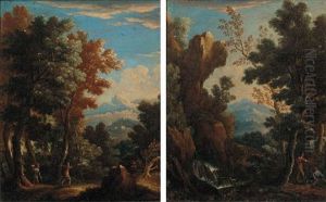 A Wooded Landscape With Peasants Resting By A Waterfall by Andrea Locatelli