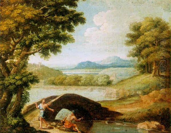 A Capriccio Landscape With A Bridge And Two Figures In The Foreground - view 1