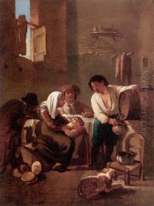 A Domestic Interior With A Family Drinking A Domestic Interior With A Family Drinking