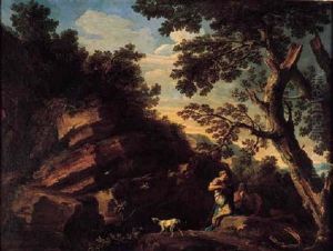 A Rocky River Landscape With Figures Conversing Beneath A Tree And A Dog Barking At Flying Birds