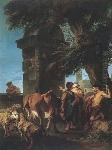 Herdsmen With Their Cattle And Sheep Resting Before A Funerary Monument, A Church Tower Beyond by Andrea Locatelli