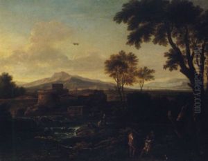 An Italianate Landscape With Travellers Resting Beside A River Before A Castle