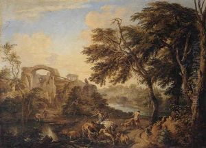 An Italianate Landscape With Drovers And Fishermen On The Banks Of A River