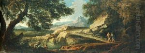 Figures On A Track By A Lake And Others Drawing In Nets In An Italianate Landscape