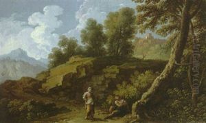 An Italianate Wooded Landscape With Figures Resting Near A Path, A Hilltop Town And Mountains Beyond by Andrea Locatelli