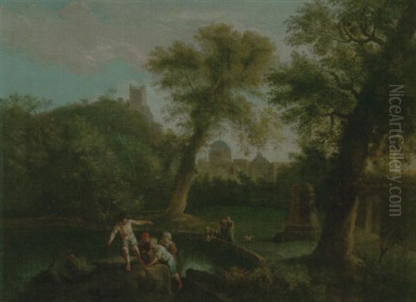 A Wooded Landscape With Figures Fishing And Watering At A Pond, A Town Beyond - view 1