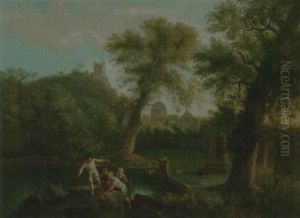A Wooded Landscape With Figures Fishing And Watering At A Pond, A Town Beyond by Andrea Locatelli