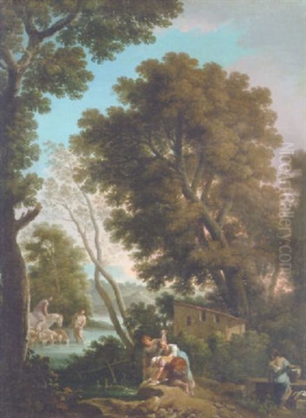 An Arcadian Landscape With Washerwomen, A Shepherd And Shepherdess Crossing A Stream Beyond - view 1
