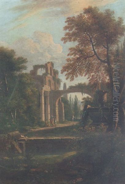A Classical Landscape With Figures Resting Before A Ruined Building - view 1