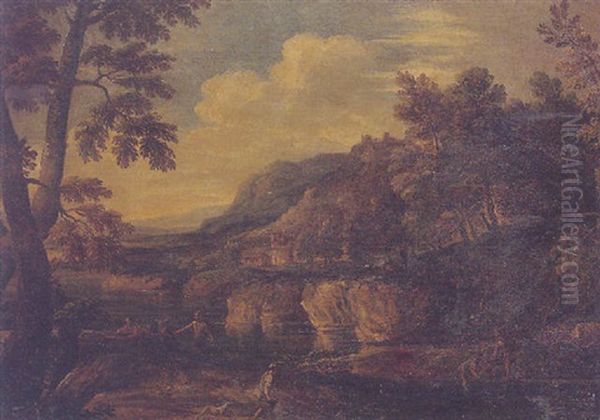A Wooded Landscape With Fishermen On The Banks Of A River, A Ruined Tower Beyond - view 1