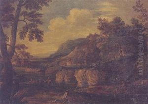 A Wooded Landscape With Fishermen On The Banks Of A River, A Ruined Tower Beyond by Andrea Locatelli