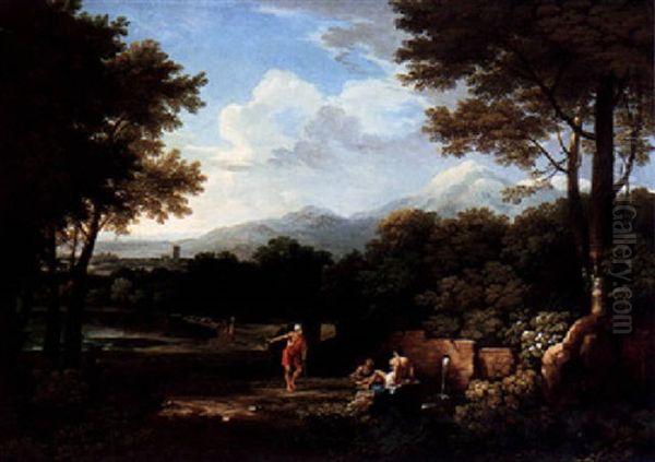 An Arcadian Wooded Landscape With Figures Conversing By A Pool - view 1