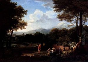 An Arcadian Wooded Landscape With Figures Conversing By A Pool by Andrea Locatelli