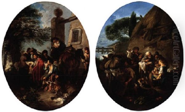 A Hunting Party Resting With Their Game Before A House - view 1