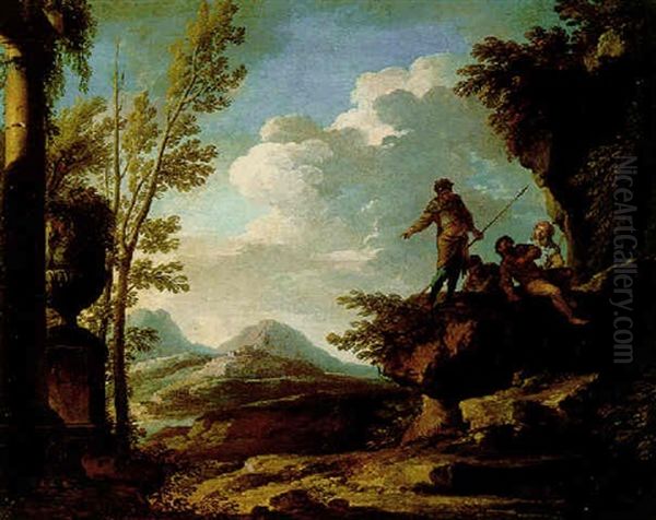 A Rocky Landscape With Mountains And A River Beyond, Figures In Conversation In The Foreground - view 1