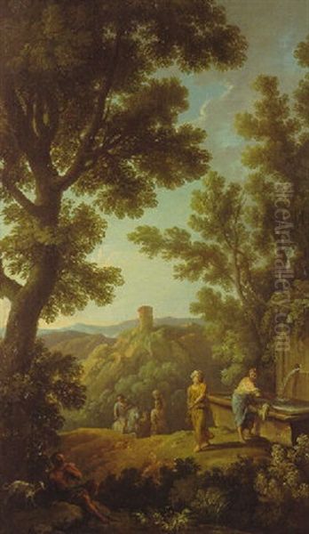Arkadische Landschaft Mit Figuren An Einem Brunnen Und Turm Auf Einem Berg - view 1