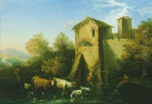 Casale Rustico Presso Un Corso D'acqua Con Armenti, Un Pescatore Ed Un Pastore by Andrea Locatelli