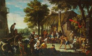 Scene De Lutte Sur La Place D'un Village Dans La Campagne Romaine by Andrea Locatelli