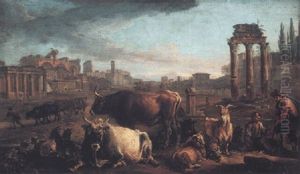Shepherds With Their Cattle In The Roman Forum by Andrea Locatelli