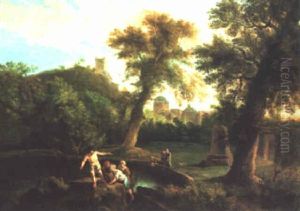 Wooded Landscape With Fishermen Beside An Ornamental Pond, A City Beyond