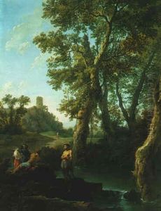 Classical River Landscape With Fishermen And A Woman Resting By Rocks Classical River Landscape With Fishermen And A Woman Resting By Rocks