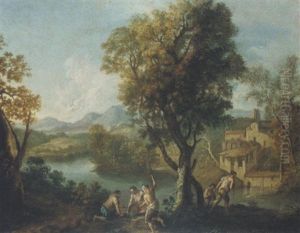 Wooded Landscape With Figures Bathing