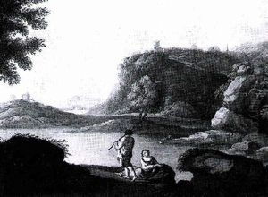 A Young Woman Reclining On A Path Beside A Lake Conversing With A Figure Carrying A Staff by Andrea Locatelli