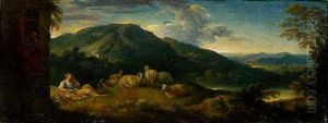 A Mountanous Landscape With A Shepherdess Resting On The Brow Of A Hill Overlooking A Lake In The Roman Campagna