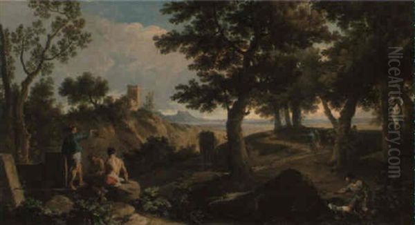 An Extensive Classical Landscape With Figures Among Ruins - view 1