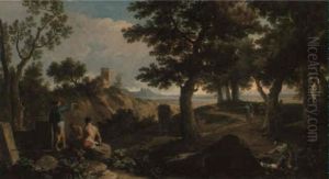 An Extensive Classical Landscape With Figures Among Ruins by Andrea Locatelli