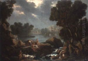 A Rocky River Landscape With Washerwomen By A Waterfall by Andrea Locatelli
