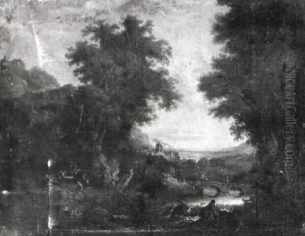 Wooded River Landscape With Figures Resting - view 1
