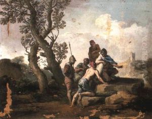 Soldiers And Travellers Conversing On The Bluff Of A Hill by Andrea Locatelli