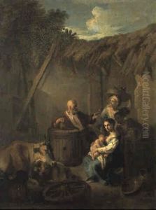 Nursing Mother, Her Companions And Livestock Resting In A Courtyard by Andrea Locatelli