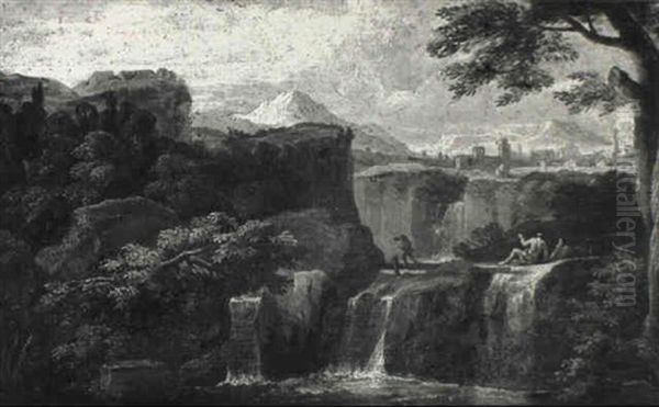 Paysage Montagneux Avec Personnages Pres D'une Cascade - view 1