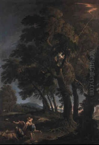 Wooded Landscape With Shepherds Frightened By Lightning - view 1