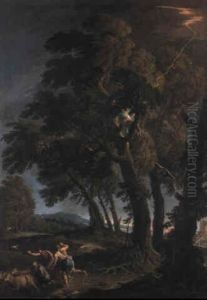 Wooded Landscape With Shepherds Frightened By Lightning by Andrea Locatelli