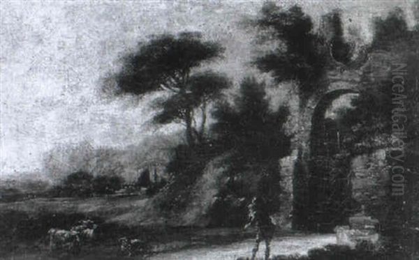 A Man In A Wooded River Landscape A Drover With Sheep At A Stream Before A Ruined Arch - view 1