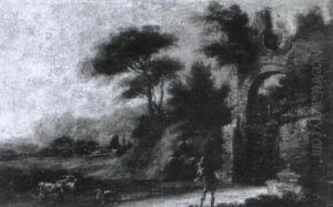 A Man In A Wooded River Landscape  A Drover   With Sheep At A Stream Before A Ruined Arch