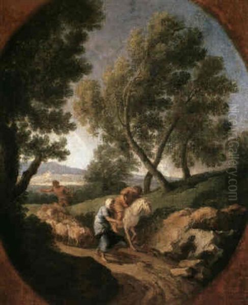 A Landscape With A Shepherd Driving His Flock Along A Path Behind Two Travellers One On Foot The Other On Horseback - view 1