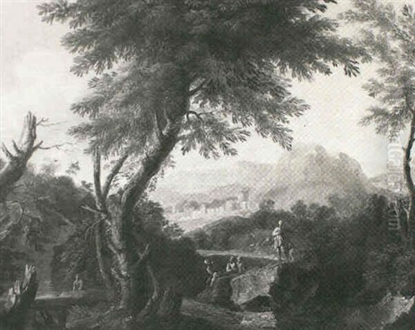 Peasants Resting On A Rocky Bank, Besides A River In A Mountainous Landscape In The Roman Campagna - view 1