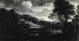 Extensive River Landscape With A Waterfall And Two Figures In The Foreground by Andrea Locatelli