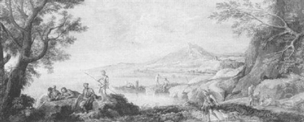 Mountainous Landscape With Figures By The Shore Of An Inlet - view 1