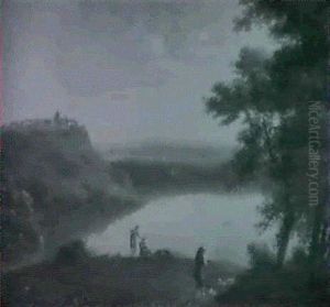 Figures Resting By A Lake With A Shepherd... An Ialianate Landscape With A Drover Watering A Cow... by Andrea Locatelli