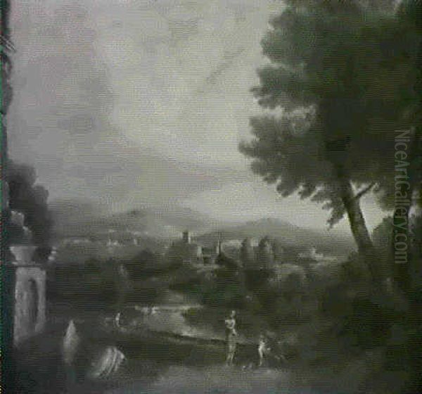 Travellers Conversing Before A Lake In The Roman Campagna - view 1