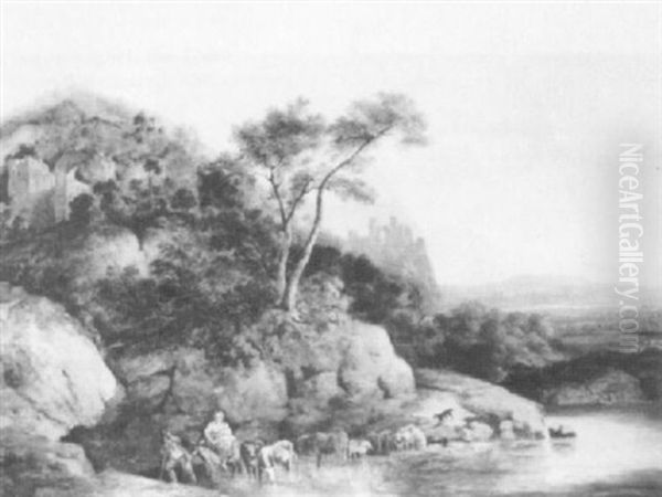 Travellers Fording A Stream In An Extensive Landscape - view 1