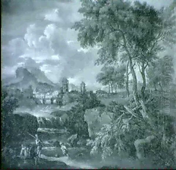 Italienskt Flodlandskap Med Figurer - view 1